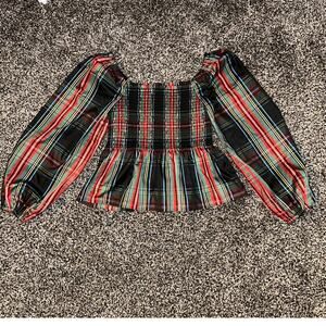 J. Crew Puff-Sleeve Plaid Smocked Top , Size Small